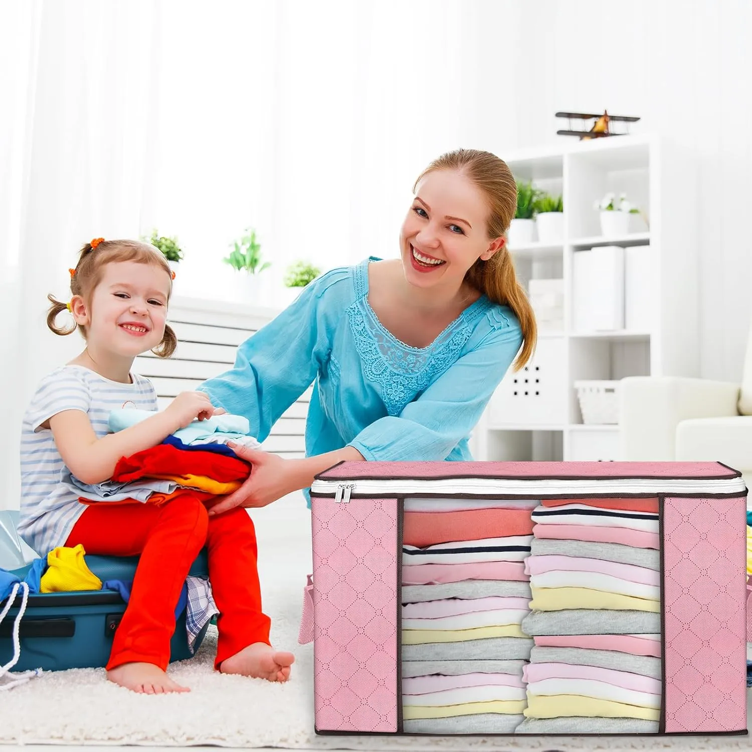 Budding Joy 90L Large Storage Bags, 4 Pack Clothes Storage Bins Foldable Closet Organizer Storage Containers Storage and Organization for Clothes, Blanket, Pillows and Toys (Pink)