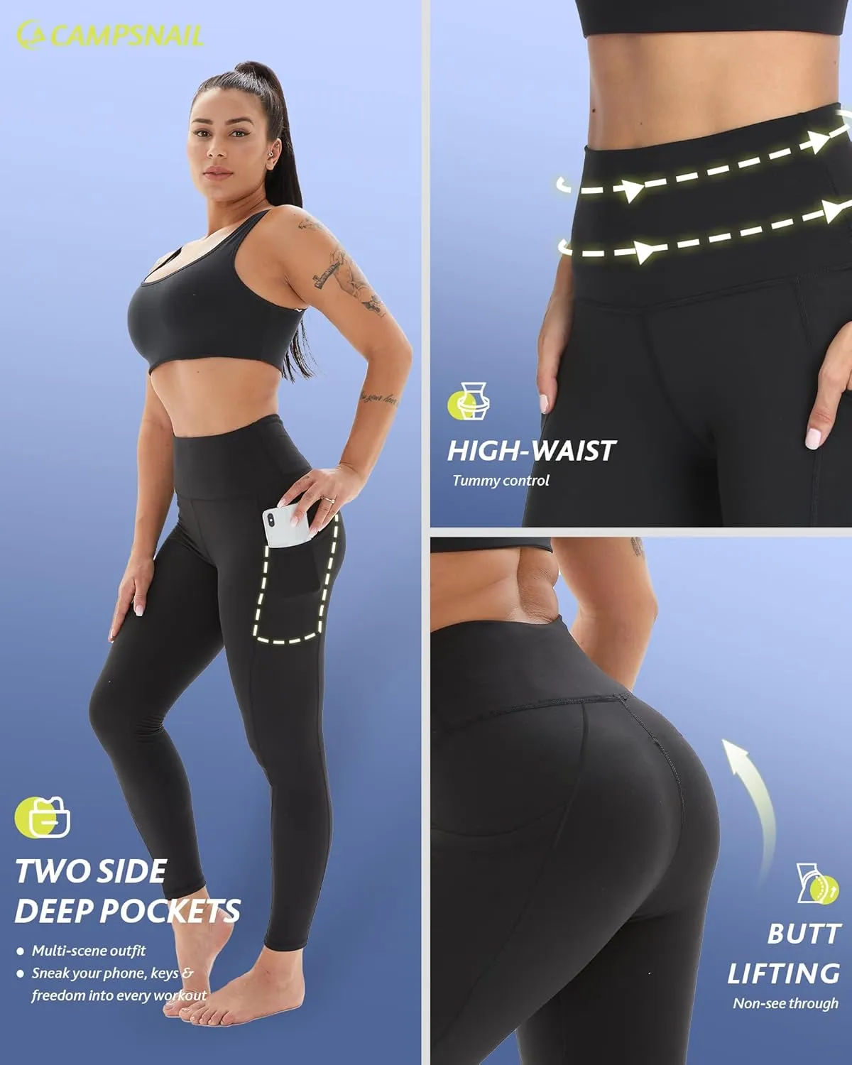 CAMPSNAIL 4 Pack Leggings for Women - High Waisted Tummy Control Yoga Pants for Workout Gym Black Leggings Plus Size Dance
