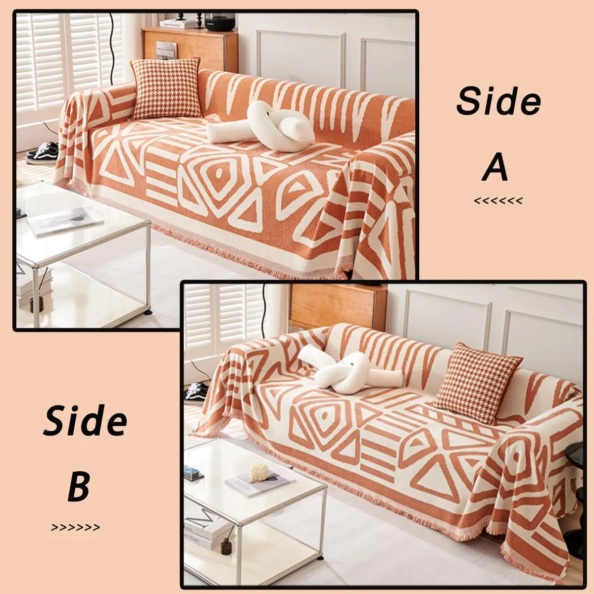 Chenille Boho Couch Cover Throw Blanket for Dogs Sofa Covers Washable for 3 Cushion Couch Sofa Protector Pet Friendly (Geometric Khaki,71 * 150inch)