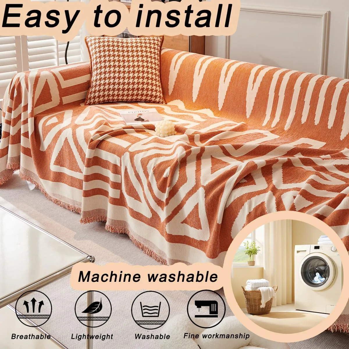 Chenille Boho Couch Cover Throw Blanket for Dogs Sofa Covers Washable for 3 Cushion Couch Sofa Protector Pet Friendly (Geometric Khaki,71 * 150inch)