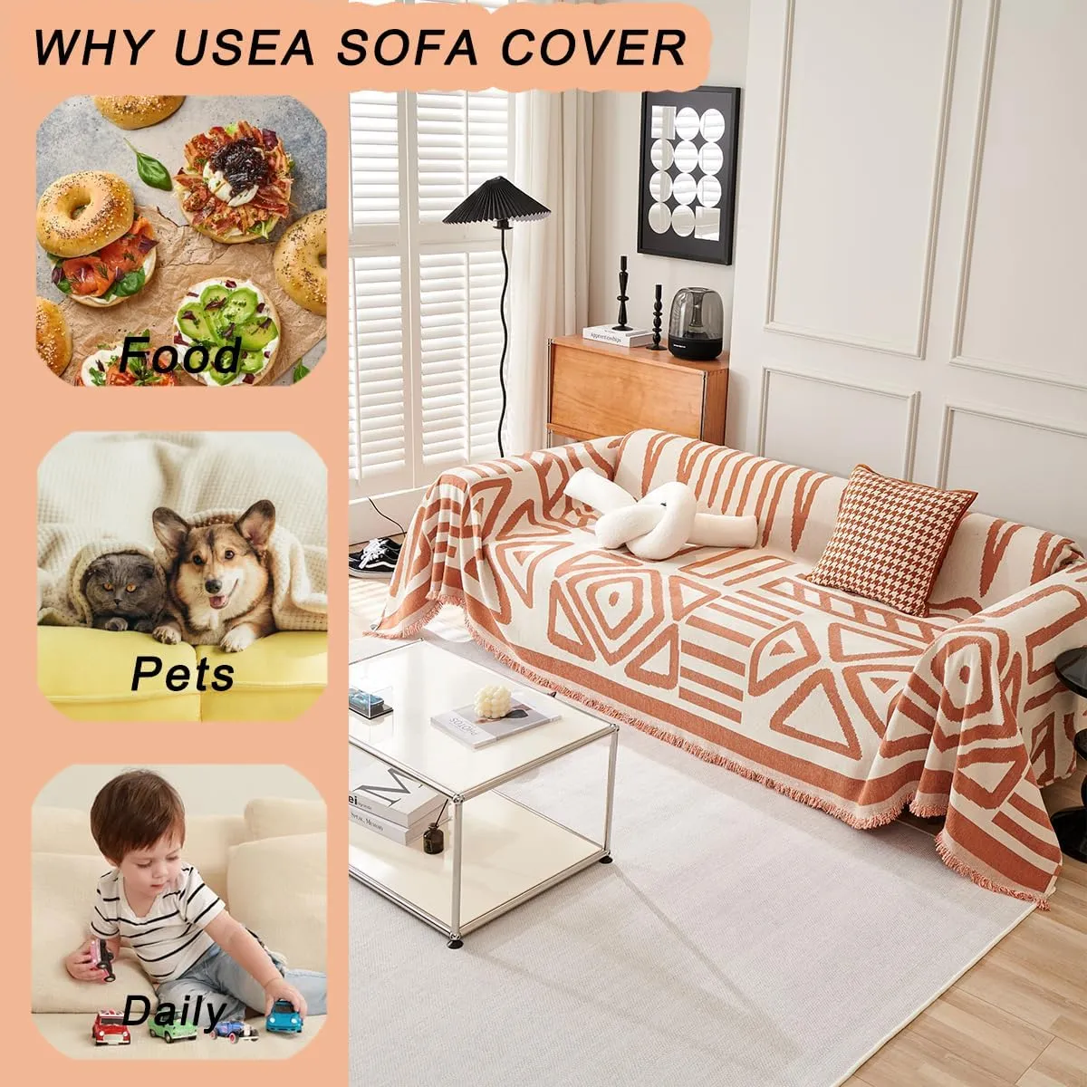 Chenille Boho Couch Cover Throw Blanket for Dogs Sofa Covers Washable for 3 Cushion Couch Sofa Protector Pet Friendly (Geometric Khaki,71 * 150inch)
