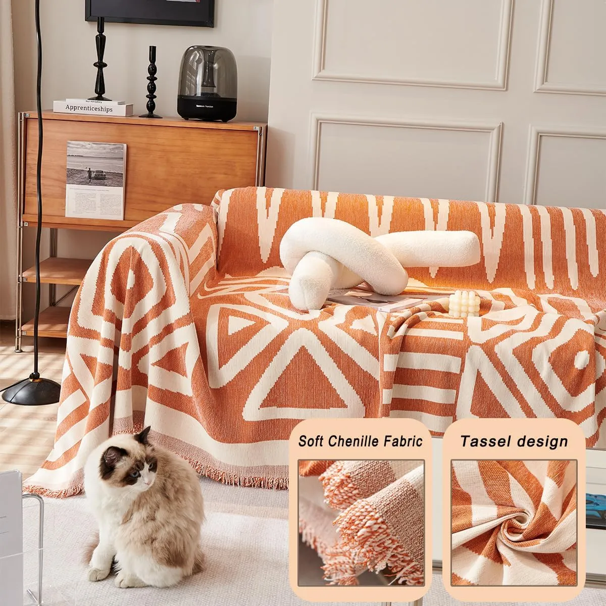 Chenille Boho Couch Cover Throw Blanket for Dogs Sofa Covers Washable for 3 Cushion Couch Sofa Protector Pet Friendly (Geometric Khaki,71 * 150inch)