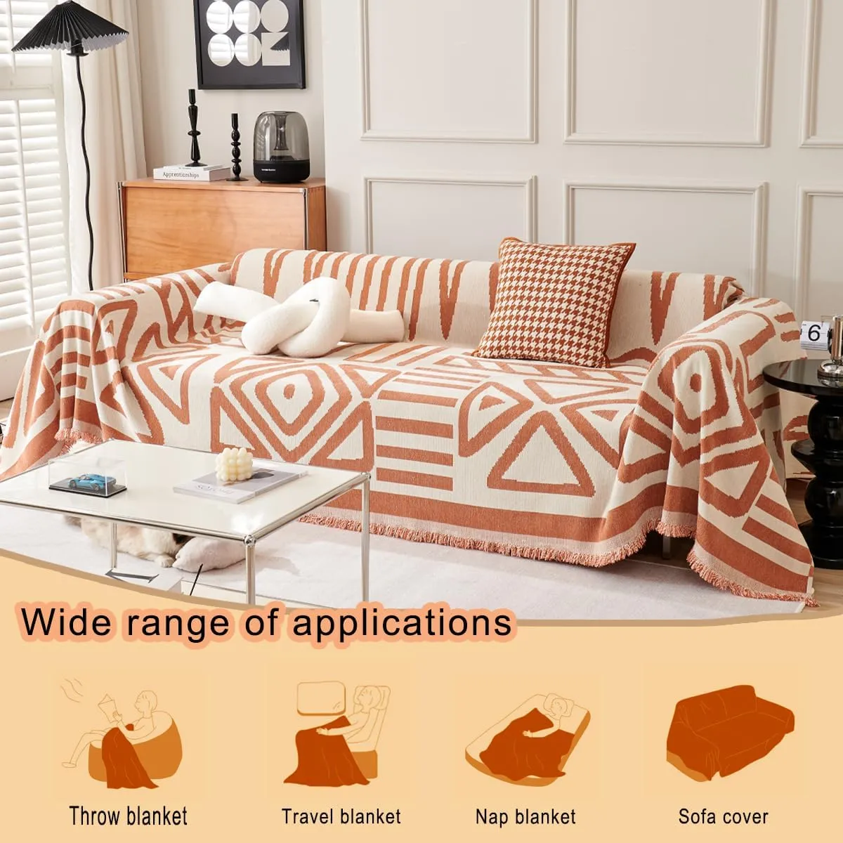 Chenille Boho Couch Cover Throw Blanket for Dogs Sofa Covers Washable for 3 Cushion Couch Sofa Protector Pet Friendly (Geometric Khaki,71 * 150inch)