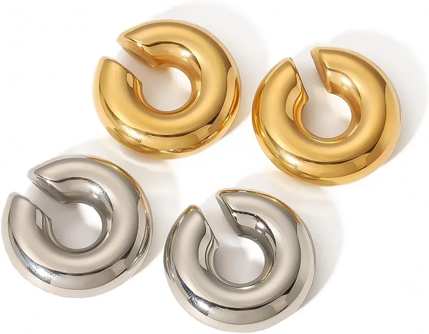 Chunky Gold Ear Cuffs Earrings for Women Non Piercing Gold Plated Stainless Steel Cuff Clip On Cartilage Hoop Lightweight Earrings Non-tarnish 1 Pairs