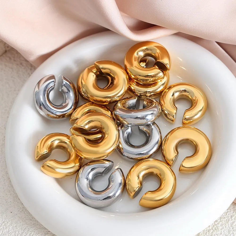 Chunky Gold Ear Cuffs Earrings for Women Non Piercing Gold Plated Stainless Steel Cuff Clip On Cartilage Hoop Lightweight Earrings Non-tarnish 1 Pairs