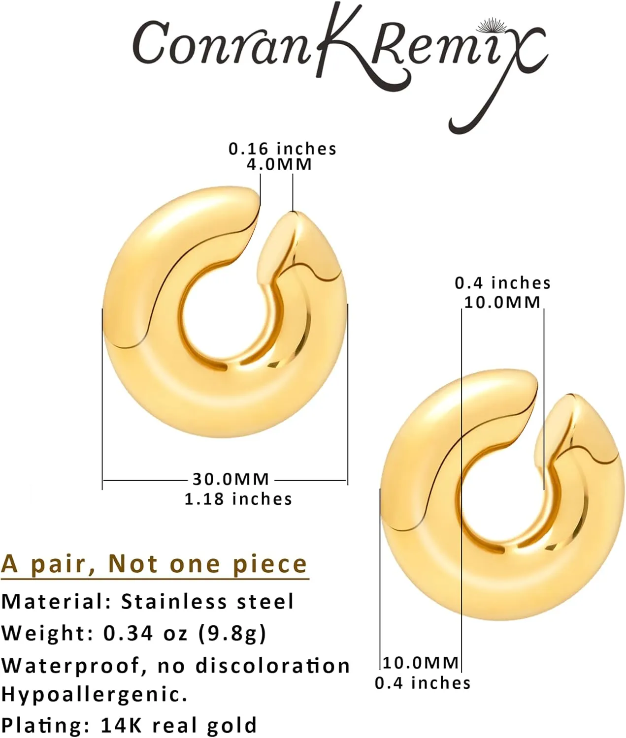Chunky Gold Ear Cuffs Earrings for Women Non Piercing Gold Plated Stainless Steel Cuff Clip On Cartilage Hoop Lightweight Earrings Non-tarnish 1 Pairs