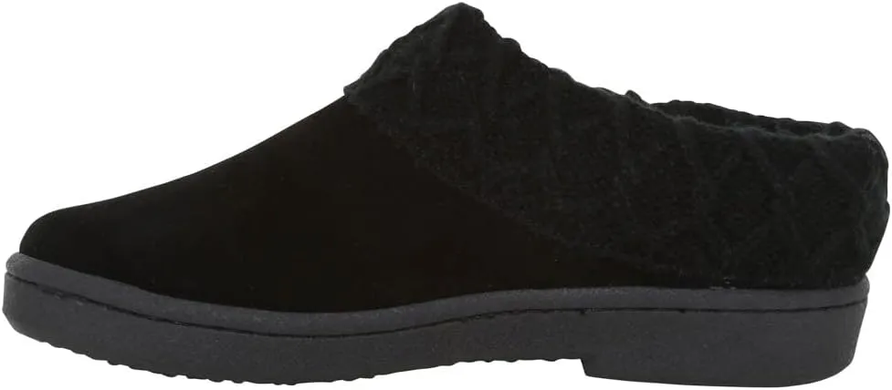 Clarks Womens Suede Leather Comfort Clog Knitted Collar Slipper - Plush Faux Fur Trim - Indoor Outdoor House Slippers For Women (Black/Black 7M)