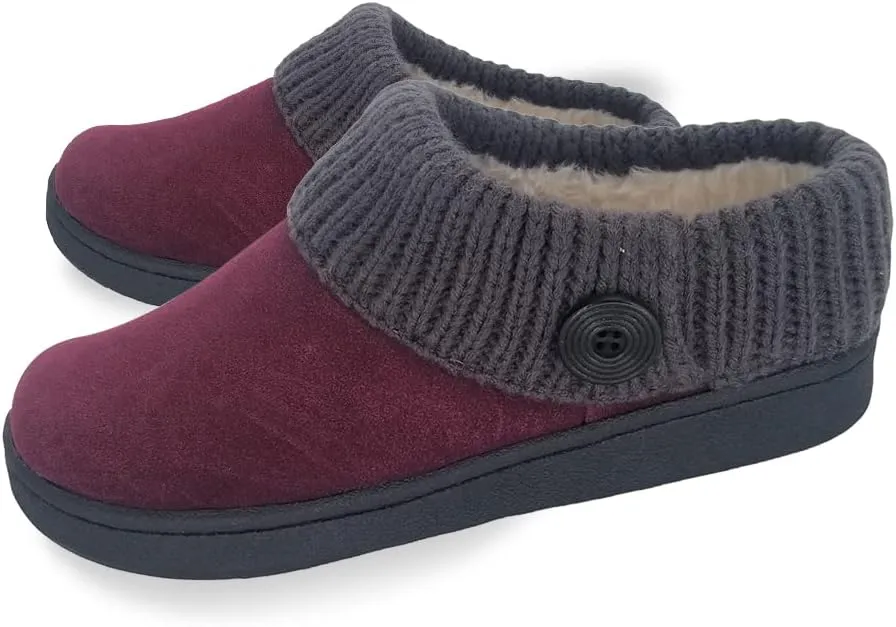 Clarks Womens Suede Leather Comfort Clog Knitted Collar Slipper - Plush Faux Fur Trim - Indoor Outdoor House Slippers For Women (Burgundy/Grey 8M)