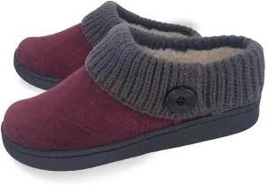 Clarks Womens Suede Leather Comfort Clog Knitted Collar Slipper - Plush Faux Fur Trim - Indoor Outdoor House Slippers For Women (Burgundy/Grey 8M)