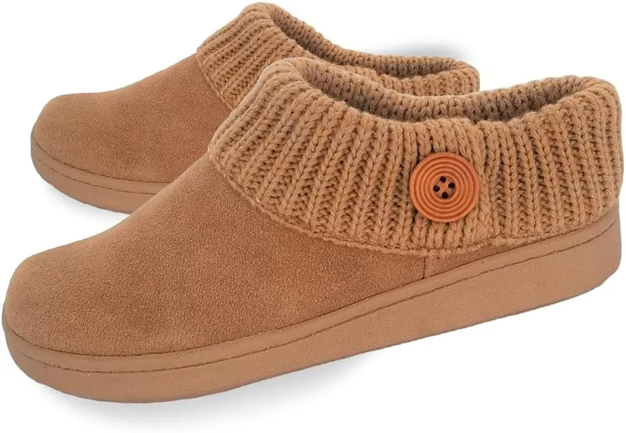 Clarks Womens Suede Leather Comfort Clog Knitted Collar Slipper - Plush Faux Fur Trim - Indoor Outdoor House Slippers For Women (Cinnamon/Beige 8M)