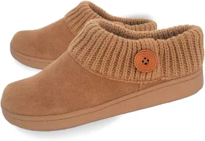 Clarks Womens Suede Leather Comfort Clog Knitted Collar Slipper - Plush Faux Fur Trim - Indoor Outdoor House Slippers For Women (Cinnamon/Beige 8M)