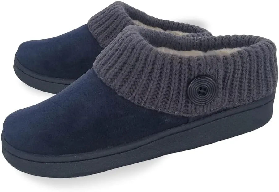 Clarks Womens Suede Leather Comfort Clog Knitted Collar Slipper - Plush Faux Fur Trim - Indoor Outdoor House Slippers For Women (Navy/Grey 9M)