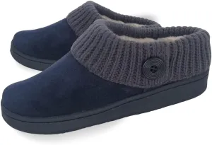 Clarks Womens Suede Leather Comfort Clog Knitted Collar Slipper - Plush Faux Fur Trim - Indoor Outdoor House Slippers For Women (Navy/Grey 9M)