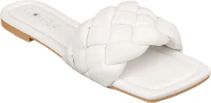 CLOVERLAY Yara Women's Square Open Toe Slides Braided Woven Single Band Slip on Flat Sandals