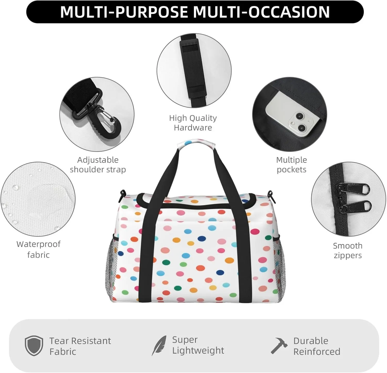Coloful Polka Dot Pattern Travel Duffel Bag with Strap Multi Pockets Sports Bag Handbag Large Shoulder Bag for Gym Weekend Fitness Camping