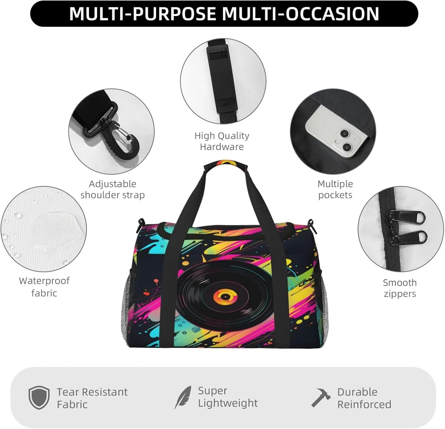 Colorful Musical Cd Travel Duffel Bag with Strap Multi Pockets Sports Bag Handbag Large Shoulder Bag for Gym Weekend Fitness Camping
