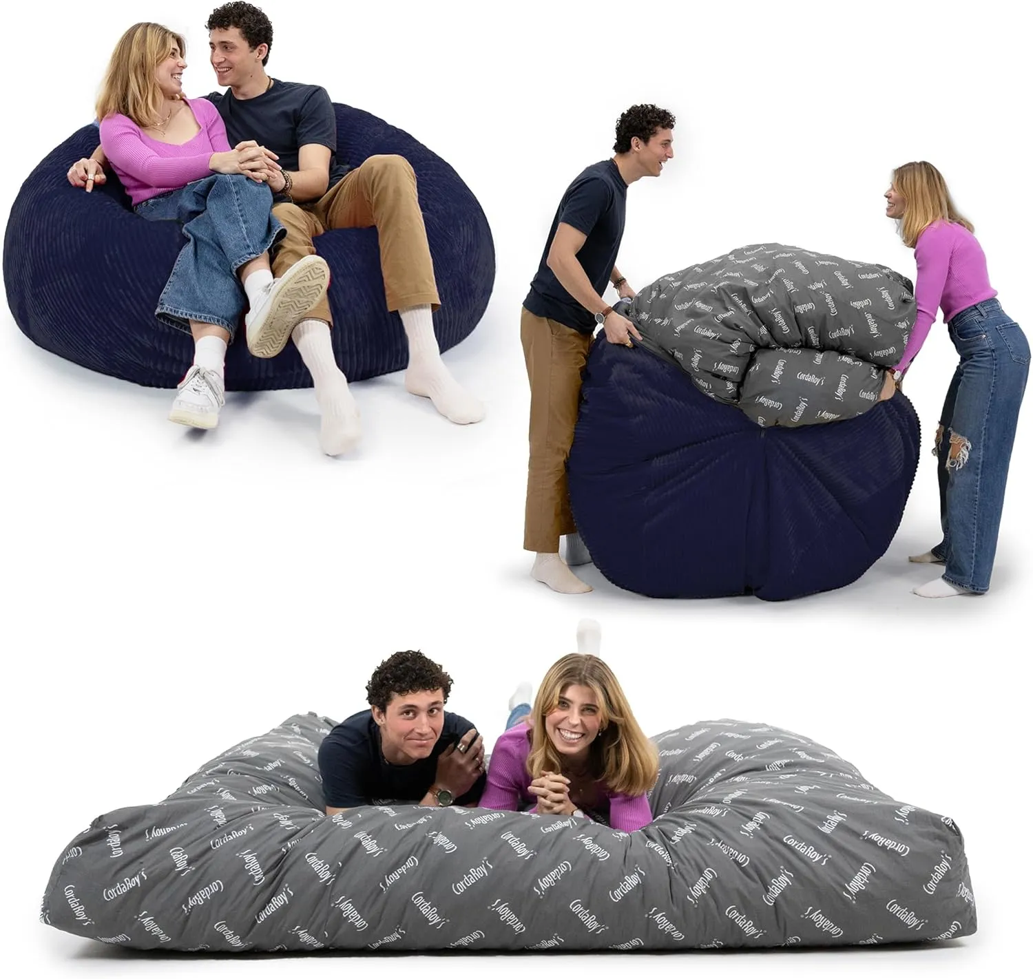CordaRoy's Plush Bean Bag - Convertible Bean Bag Chair & Bed - Machine-Washable Plush Fabric Cover - for Basement, Living Room, Game Room, Dorm & More - King Size - Indigo | Made in The USA