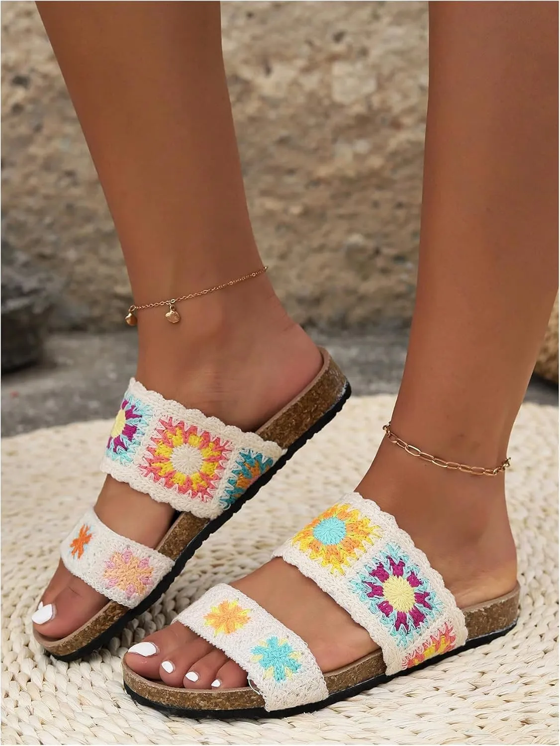 COZYEASE Women's Floral Woven Slide Sandals Boho Vacation Slip On Flat Open Toe Shoes