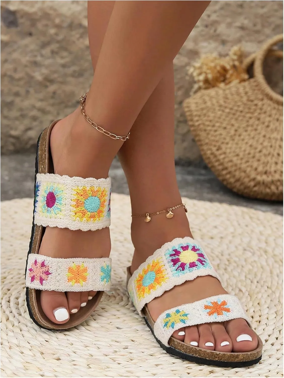 COZYEASE Women's Floral Woven Slide Sandals Boho Vacation Slip On Flat Open Toe Shoes