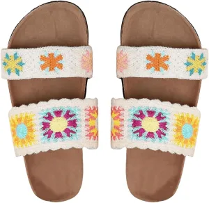 COZYEASE Women's Floral Woven Slide Sandals Boho Vacation Slip On Flat Open Toe Shoes