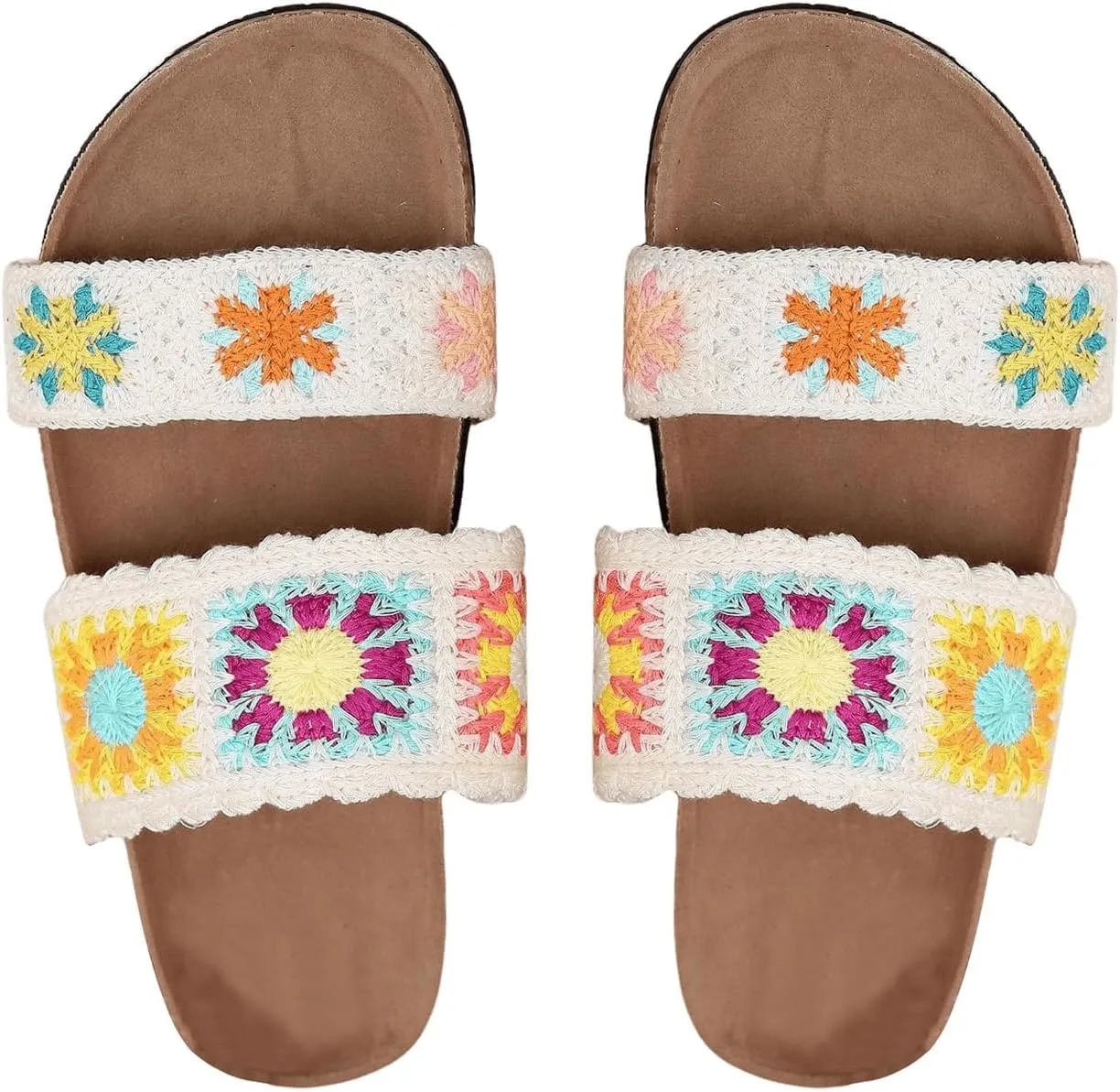 COZYEASE Women's Floral Woven Slide Sandals Boho Vacation Slip On Flat Open Toe Shoes