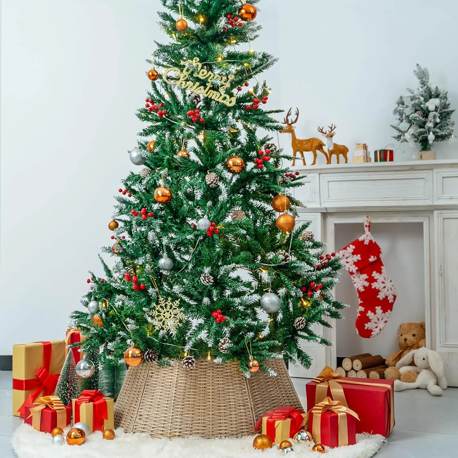 CubesLand Christmas Tree Collar,Christmas Tree Skirt 27in,Christmas Tree Decor,5-Piece Handcrafted Plastics Wicker Christmas Tree Base Cover,Rustic Christmas Tree Ring, Fit 9-25in Stands-Natural