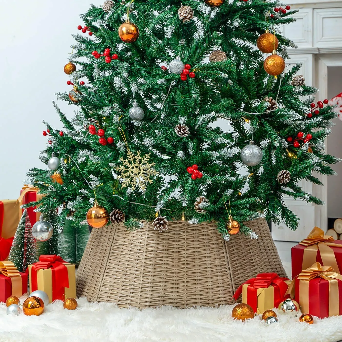 CubesLand Christmas Tree Collar,Christmas Tree Skirt 27in,Christmas Tree Decor,5-Piece Handcrafted Plastics Wicker Christmas Tree Base Cover,Rustic Christmas Tree Ring, Fit 9-25in Stands-Natural