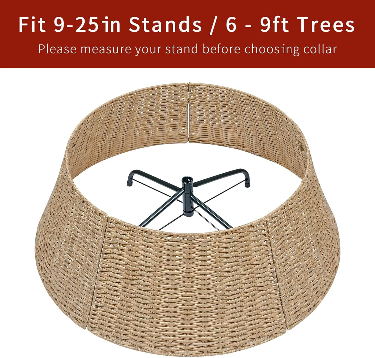 CubesLand Christmas Tree Collar,Christmas Tree Skirt 27in,Christmas Tree Decor,5-Piece Handcrafted Plastics Wicker Christmas Tree Base Cover,Rustic Christmas Tree Ring, Fit 9-25in Stands-Natural