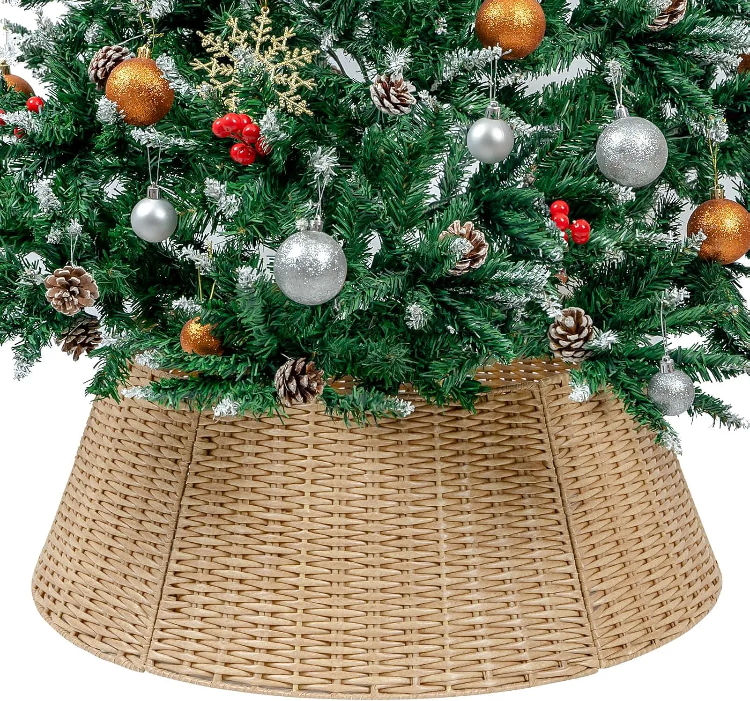 CubesLand Christmas Tree Collar,Christmas Tree Skirt 27in,Christmas Tree Decor,5-Piece Handcrafted Plastics Wicker Christmas Tree Base Cover,Rustic Christmas Tree Ring, Fit 9-25in Stands-Natural