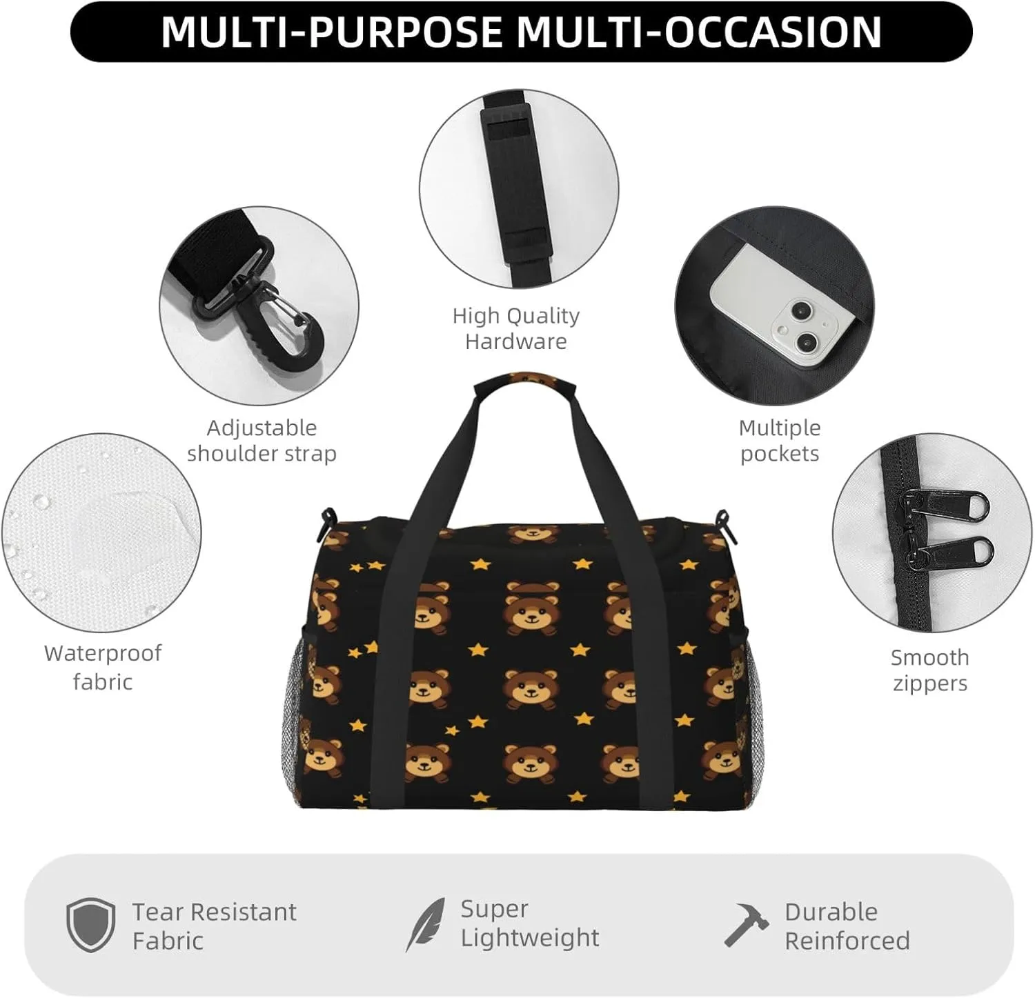 Cute Bear Pattern Travel Duffel Bag with Strap Multi Pockets Sports Bag Handbag Large Shoulder Bag for Gym Weekend Fitness Camping