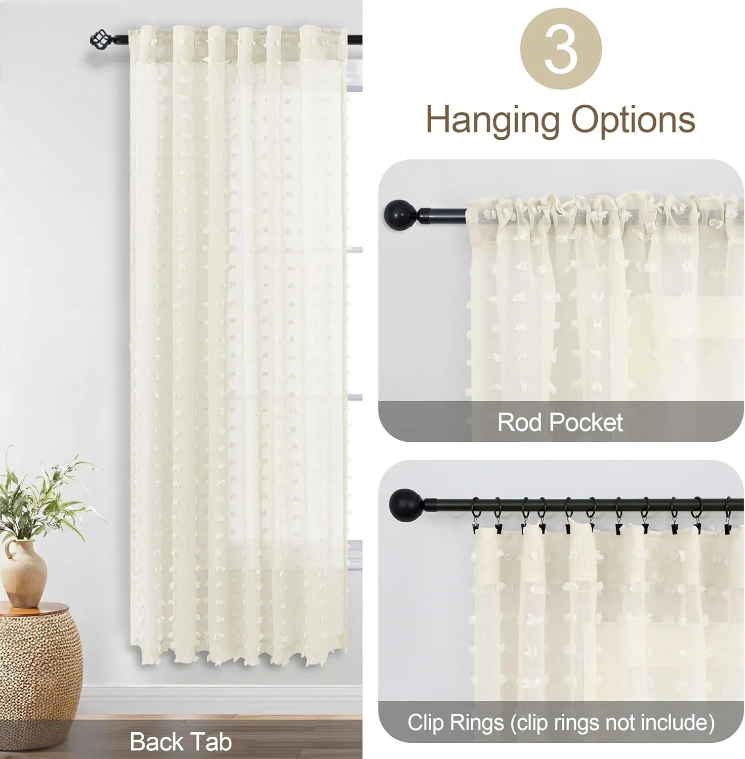 DANCURTON Cream Sheer Curtains for Bedroom Lightweight Unique Trendy Pom Pom Cute Curtains for Kids Girls Room Back Tab Modern Farmhouse Ivory Boho Sheer Drapes for Living Room 63 Inch Length 2 Panels