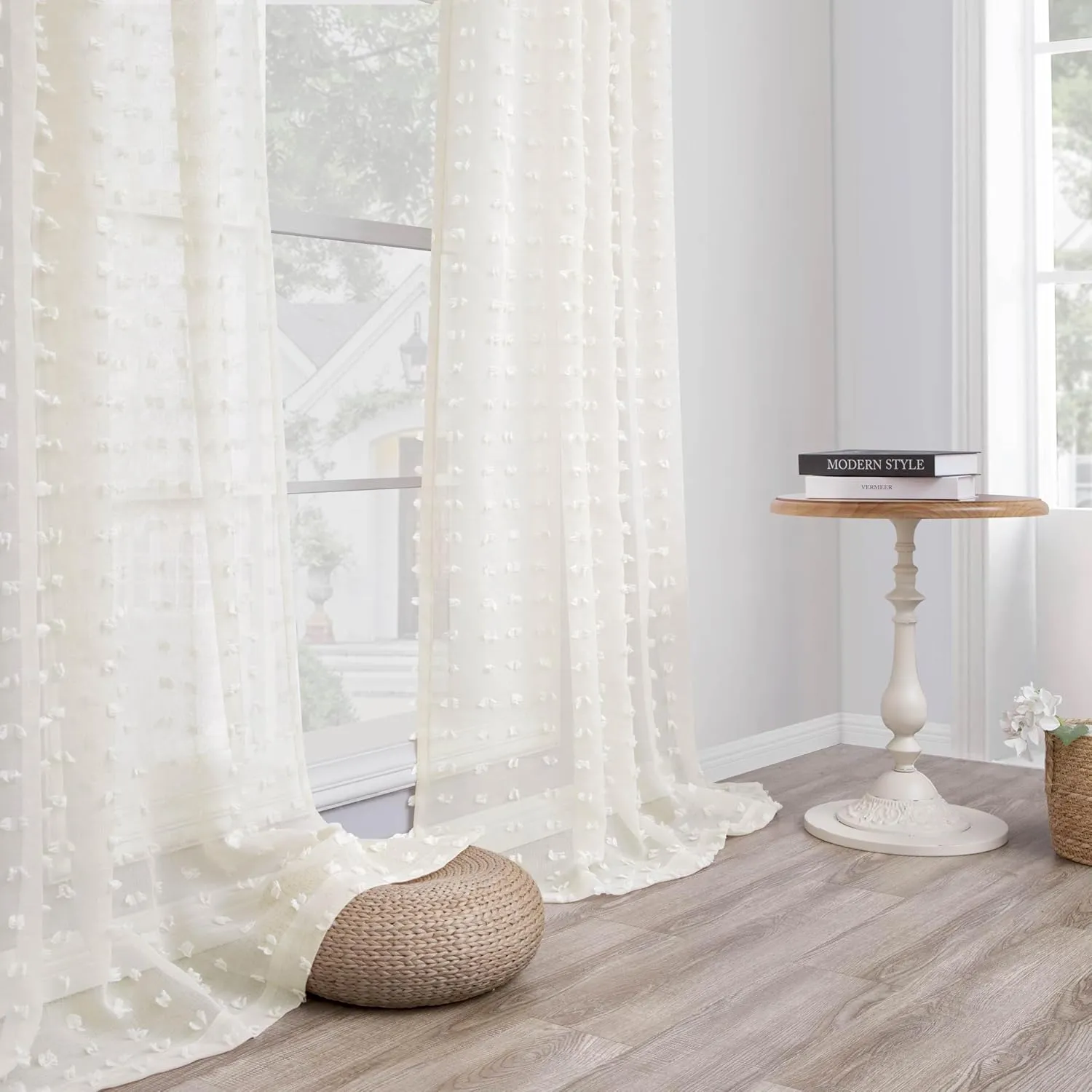 DANCURTON Cream Sheer Curtains for Bedroom Lightweight Unique Trendy Pom Pom Cute Curtains for Kids Girls Room Back Tab Modern Farmhouse Ivory Boho Sheer Drapes for Living Room 63 Inch Length 2 Panels