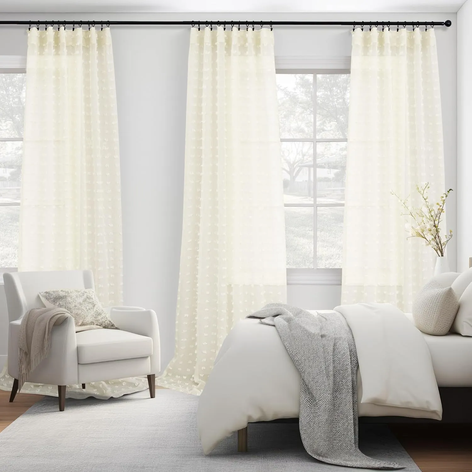 DANCURTON Cream Sheer Curtains for Bedroom Lightweight Unique Trendy Pom Pom Cute Curtains for Kids Girls Room Back Tab Modern Farmhouse Ivory Boho Sheer Drapes for Living Room 63 Inch Length 2 Panels