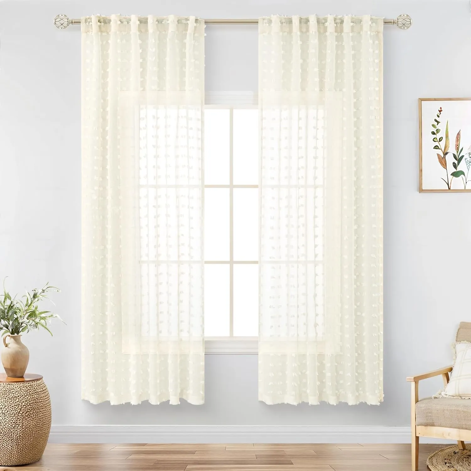 DANCURTON Cream Sheer Curtains for Bedroom Lightweight Unique Trendy Pom Pom Cute Curtains for Kids Girls Room Back Tab Modern Farmhouse Ivory Boho Sheer Drapes for Living Room 63 Inch Length 2 Panels