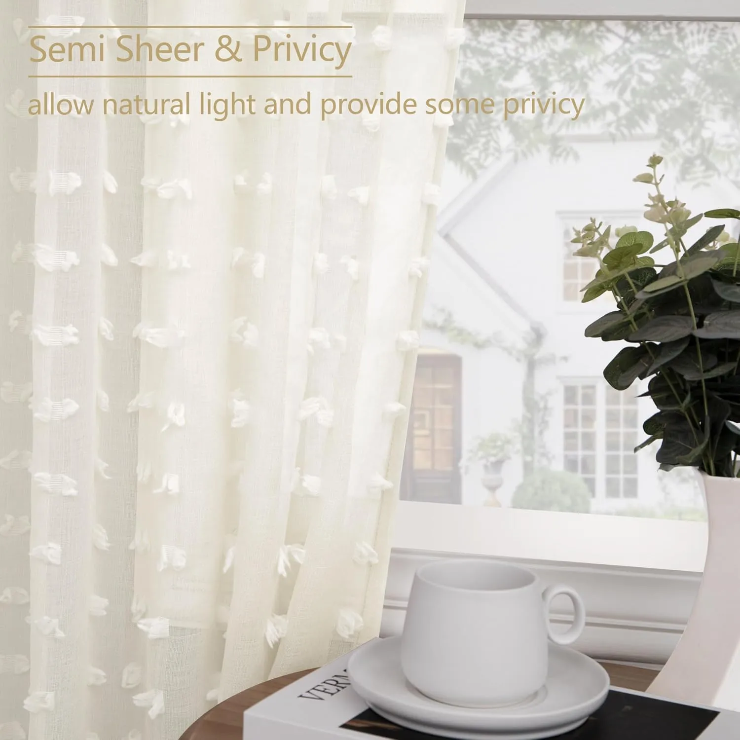 DANCURTON Cream Sheer Curtains for Bedroom Lightweight Unique Trendy Pom Pom Cute Curtains for Kids Girls Room Back Tab Modern Farmhouse Ivory Boho Sheer Drapes for Living Room 63 Inch Length 2 Panels