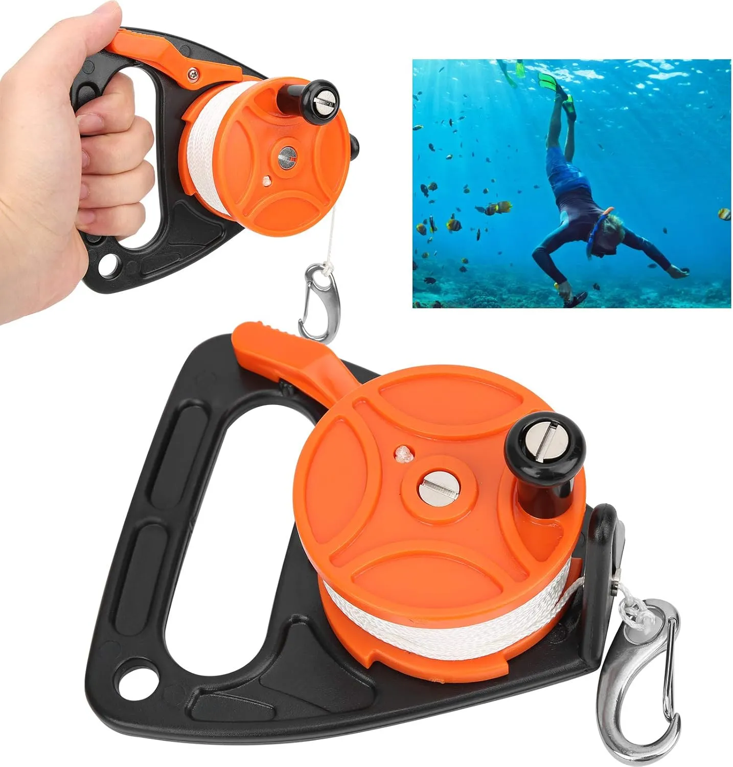 Diving Reel, Scuba Dive Reel with Thumb Stopper, Multi Purpose Lightweight Equipment Large Handle Retractable Line Finger Spool Stop Switch for Cave Wreck Exploration Kayaking
