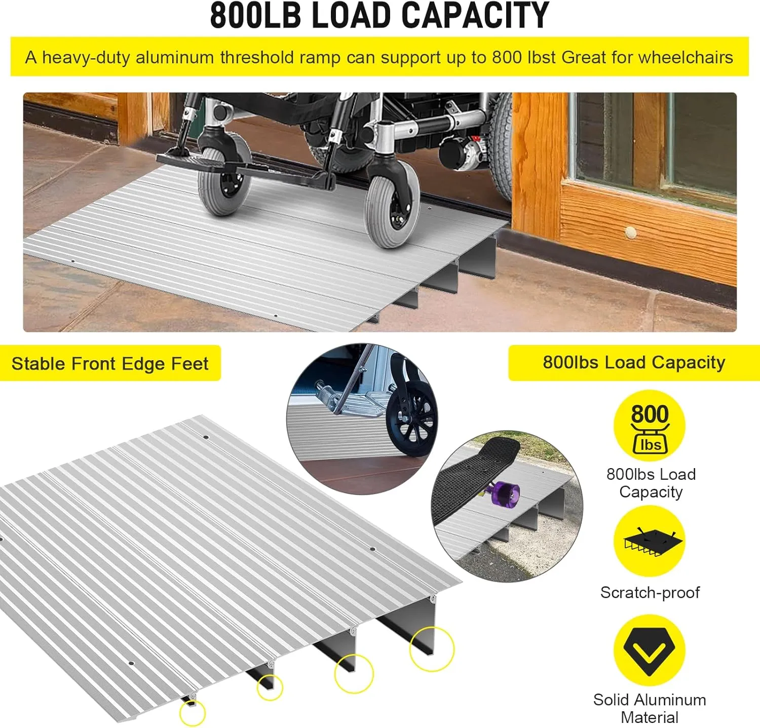 Door Threshold Ramp 4" Rise Door Ramp Aluminum Entry Ramp or Doorways Rated 800 lbs Load Capacity forWheelchair Scooters Power Chairs Walkers Metallic