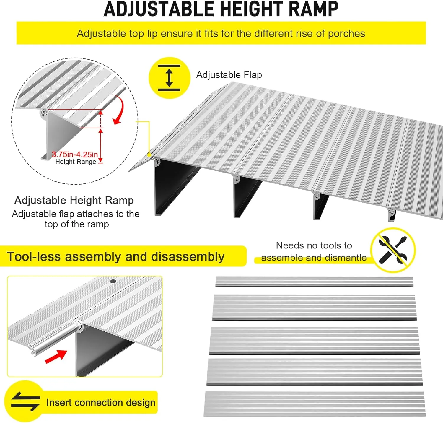 Door Threshold Ramp 4" Rise Door Ramp Aluminum Entry Ramp or Doorways Rated 800 lbs Load Capacity forWheelchair Scooters Power Chairs Walkers Metallic