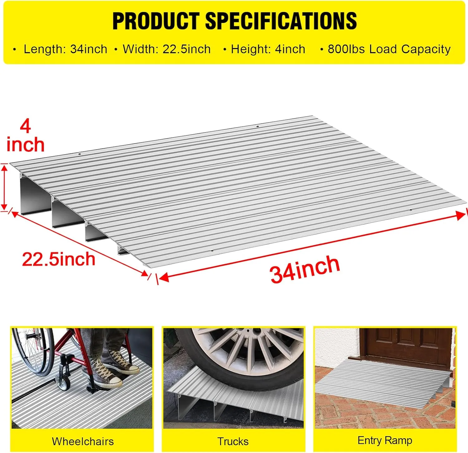 Door Threshold Ramp 4" Rise Door Ramp Aluminum Entry Ramp or Doorways Rated 800 lbs Load Capacity forWheelchair Scooters Power Chairs Walkers Metallic