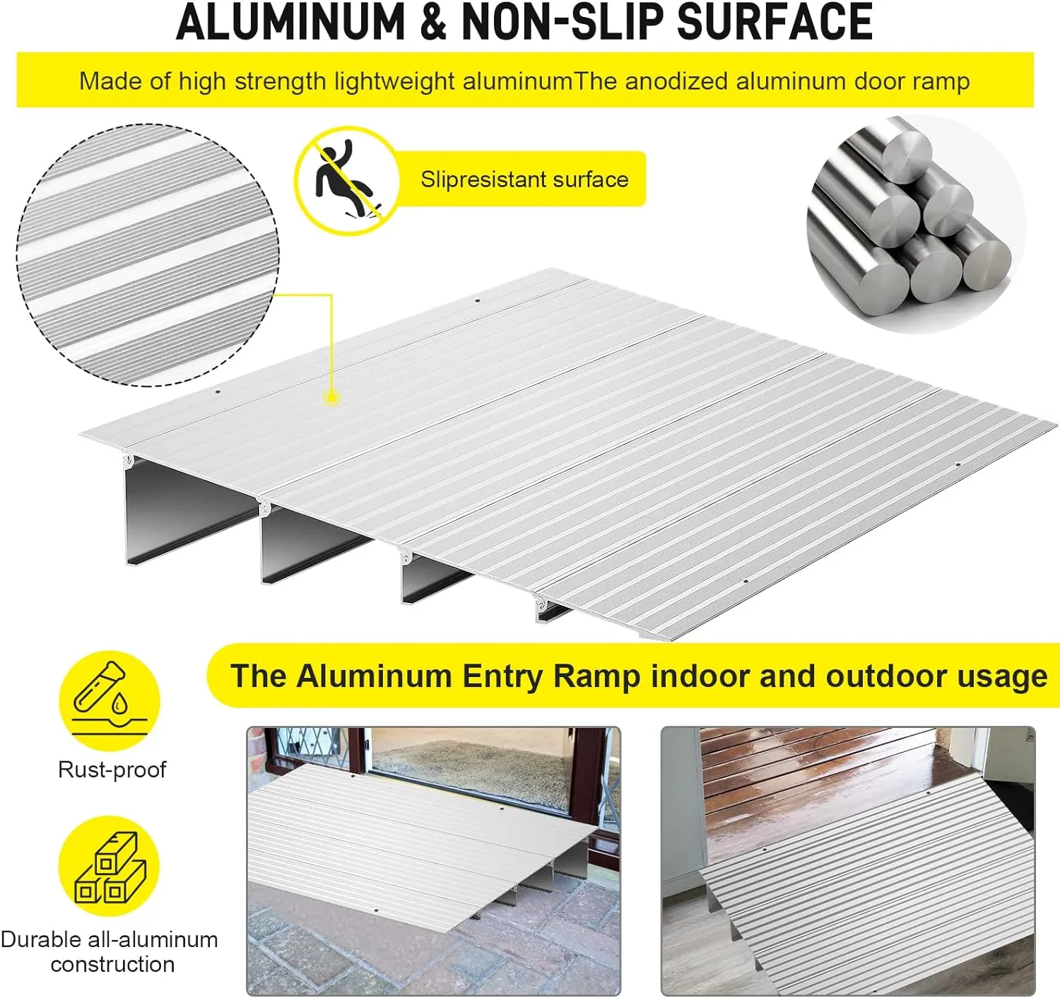 Door Threshold Ramp 4" Rise Door Ramp Aluminum Entry Ramp or Doorways Rated 800 lbs Load Capacity forWheelchair Scooters Power Chairs Walkers Metallic