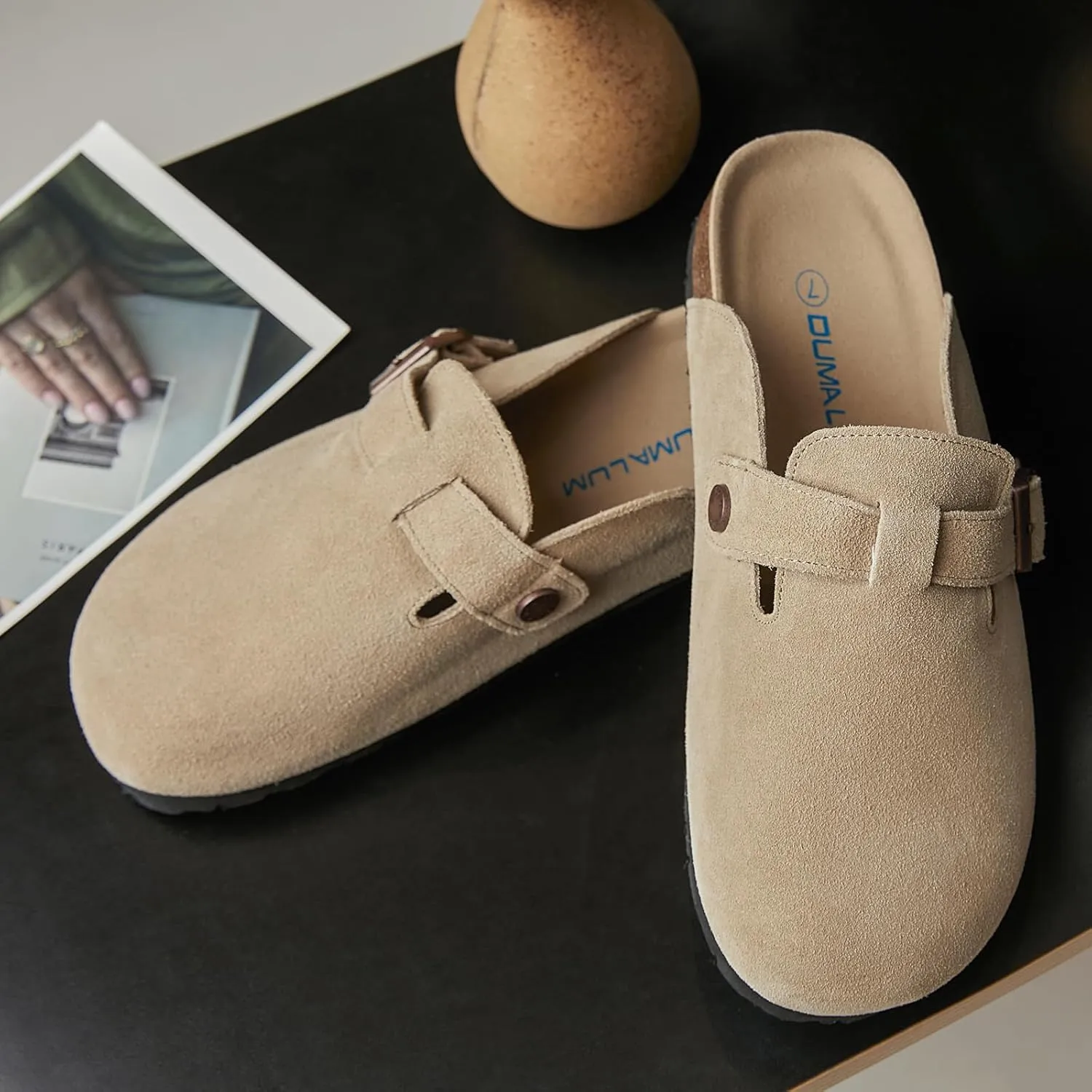 Dumalum Women's Suede Clog Leather Mules Arch Support Potato Shoes with Comfort Cork Footbed - Clogs for Women Men Unisex Antislip Slippers Sandals