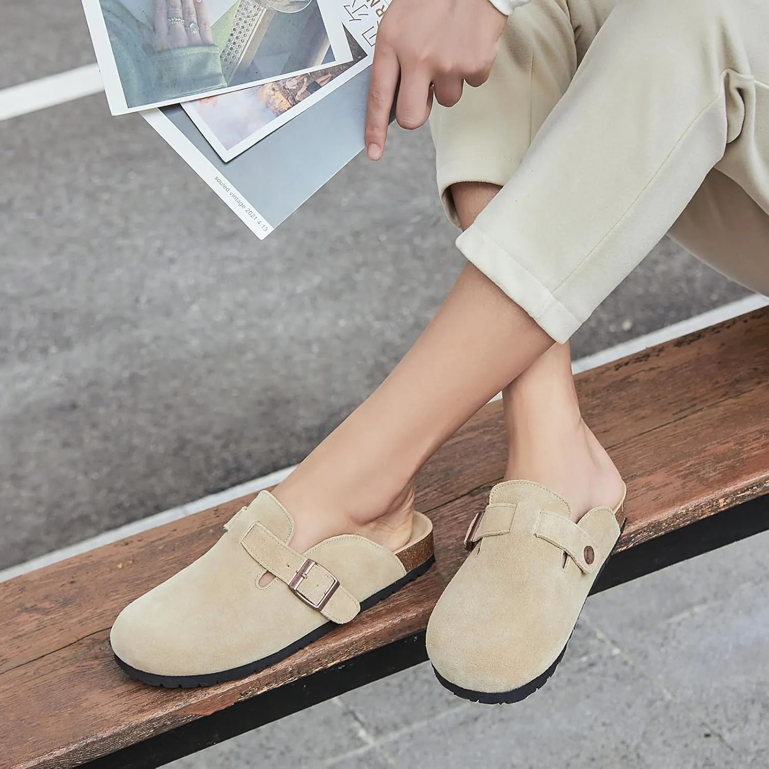 Dumalum Women's Suede Clog Leather Mules Arch Support Potato Shoes with Comfort Cork Footbed - Clogs for Women Men Unisex Antislip Slippers Sandals