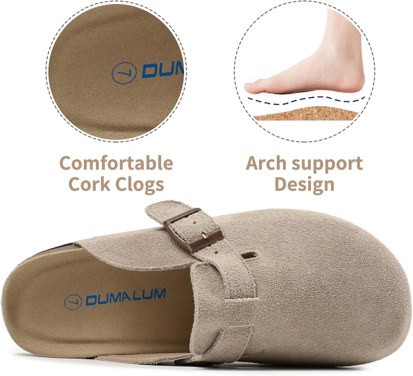 Dumalum Women's Suede Clog Leather Mules Arch Support Potato Shoes with Comfort Cork Footbed - Clogs for Women Men Unisex Antislip Slippers Sandals