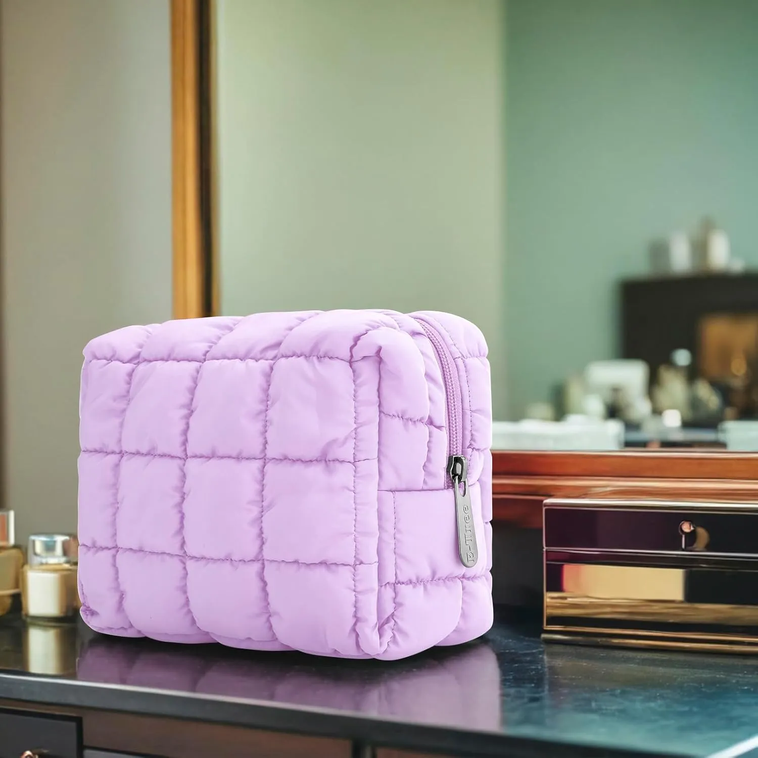 E-Tree Cute Makeup Bag,Quilted Cosmetic Bag for Women,Make up Pouch for Purse,Toiletry Zipper Pouch,Checkered Bag,Travel Case,Storage Pouches for Organization (Purple)