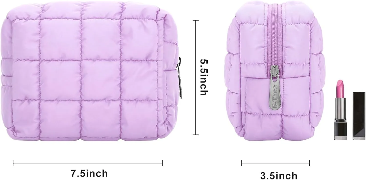 E-Tree Cute Makeup Bag,Quilted Cosmetic Bag for Women,Make up Pouch for Purse,Toiletry Zipper Pouch,Checkered Bag,Travel Case,Storage Pouches for Organization (Purple)