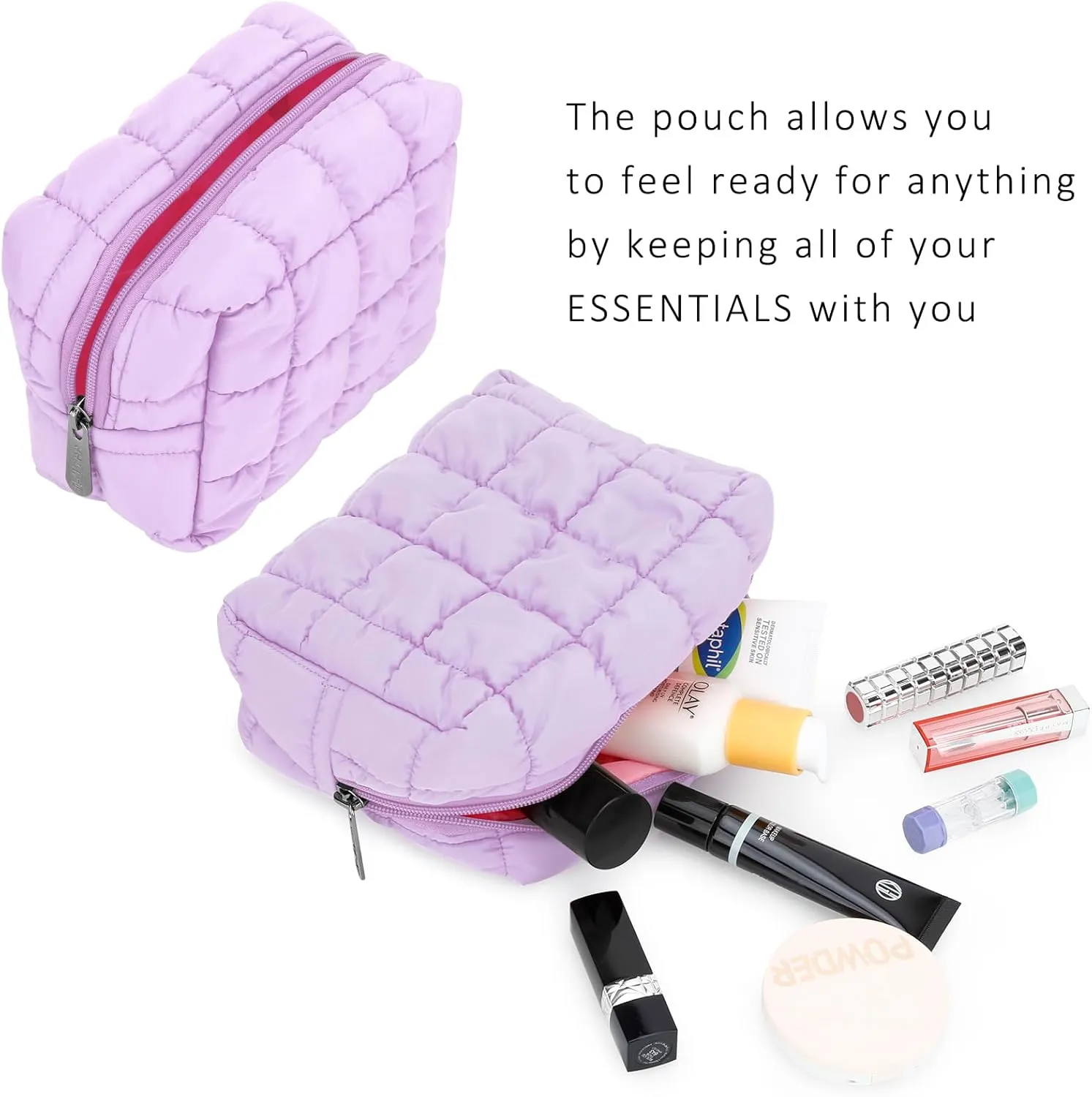 E-Tree Cute Makeup Bag,Quilted Cosmetic Bag for Women,Make up Pouch for Purse,Toiletry Zipper Pouch,Checkered Bag,Travel Case,Storage Pouches for Organization (Purple)