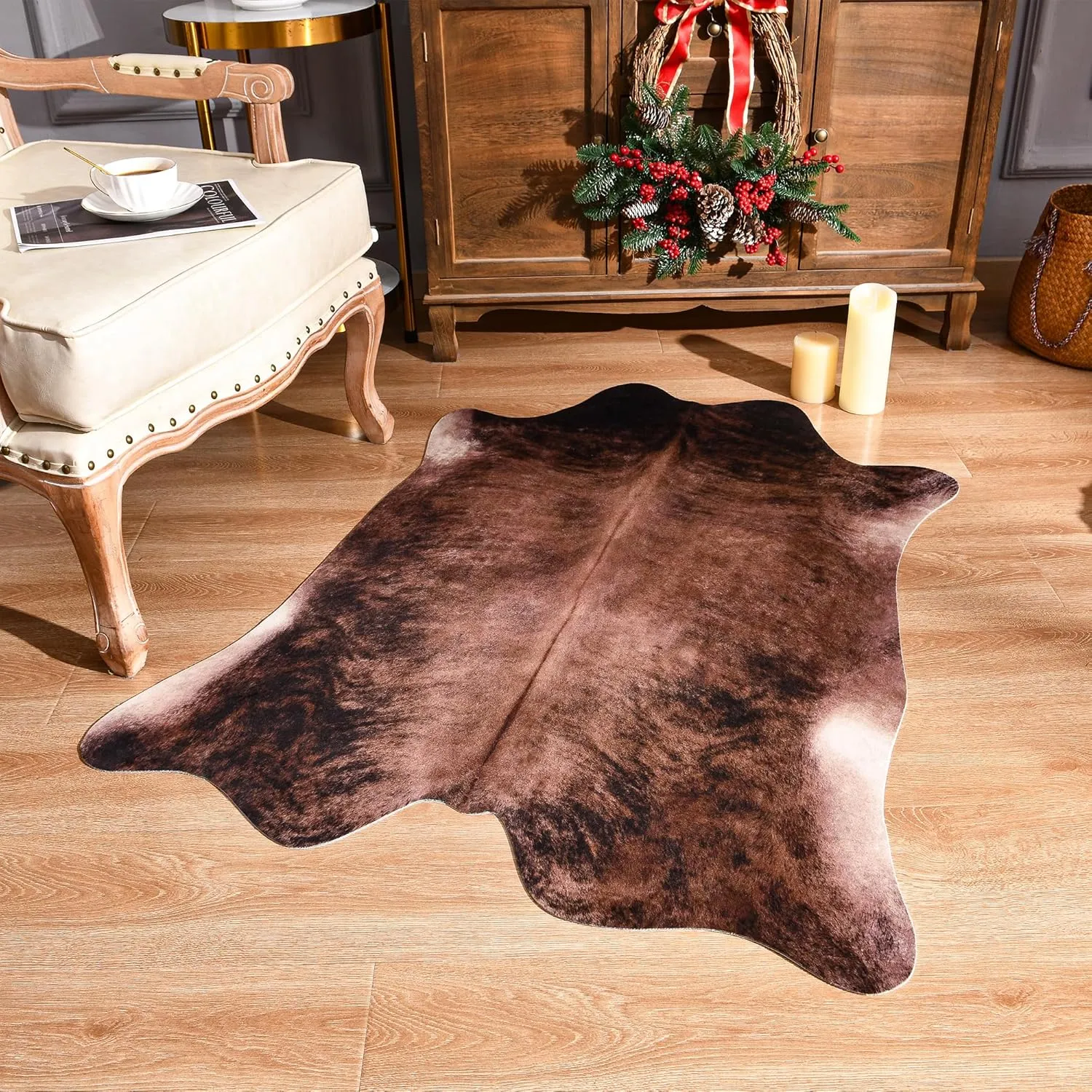 Easycozy Faux Cowhide Large Cow Print 3 x 4 Feet Thickened Elastic Rug for Bedroom, Living Room, Home Office, Western Decor