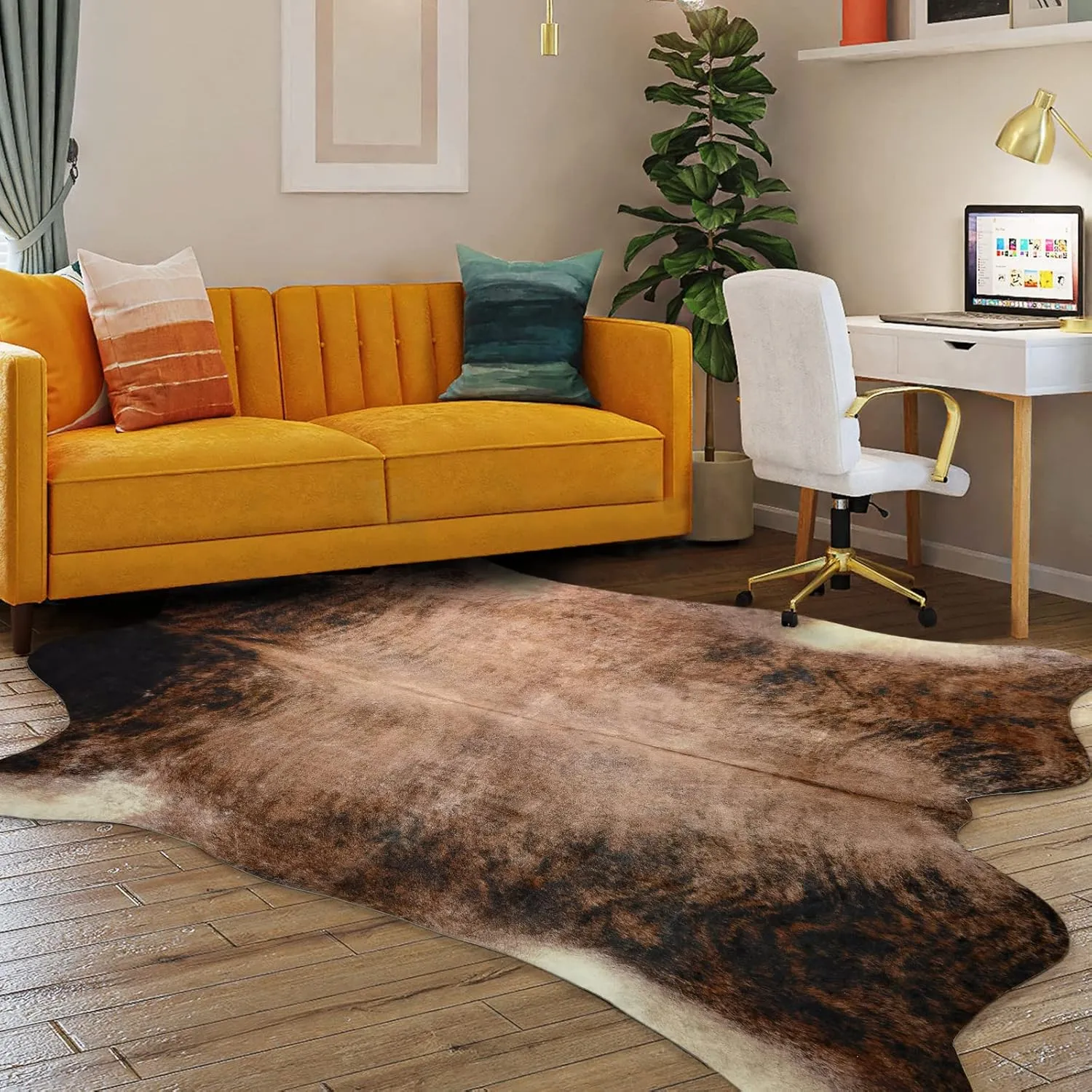 Easycozy Faux Cowhide Large Cow Print Rug - 5.2 x 6.2 Feet, Thickened Elastic for Bedroom, Living Room, Home Office, Western Decor