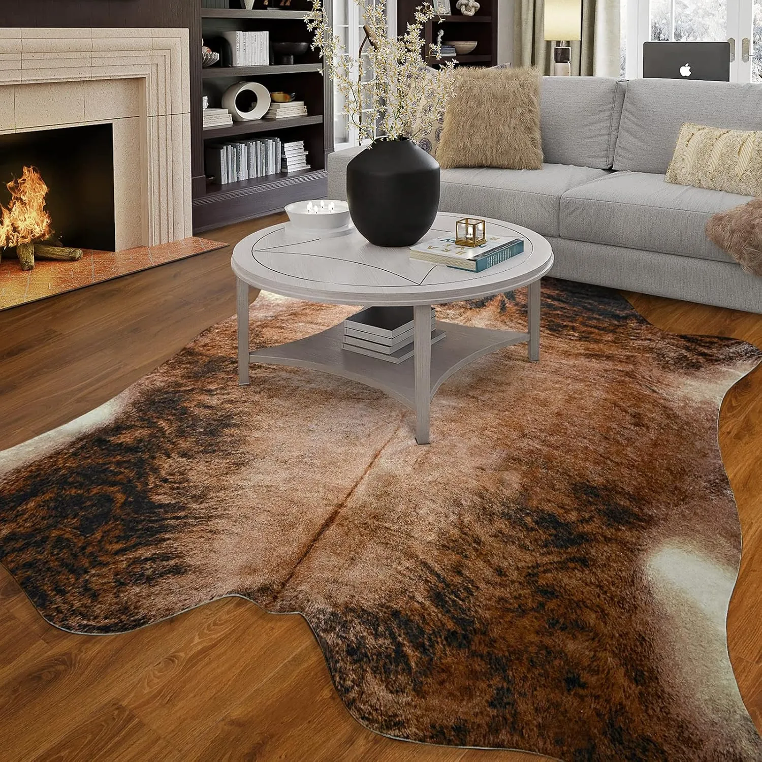 Easycozy Faux Cowhide Large Cow Print Rug - 5.2 x 6.2 Feet, Thickened Elastic for Bedroom, Living Room, Home Office, Western Decor