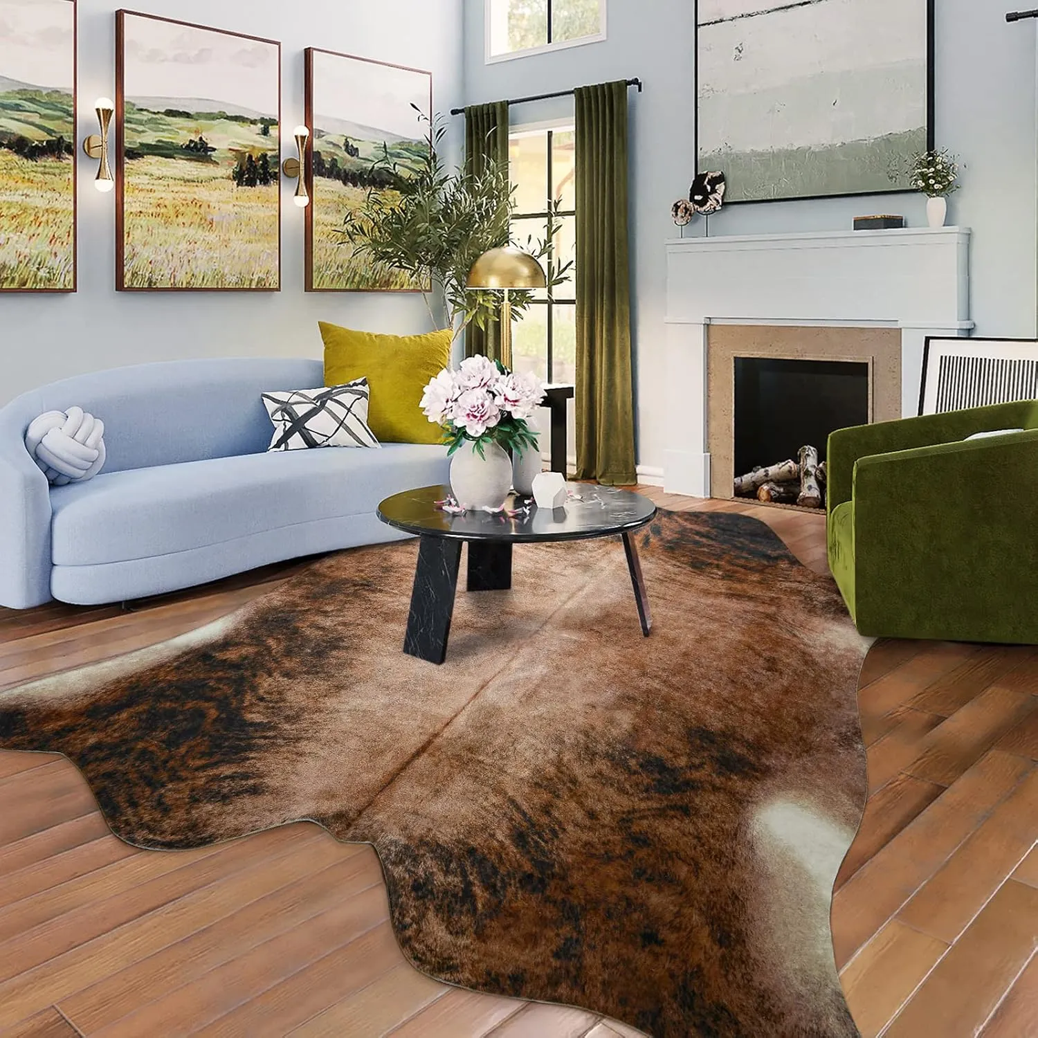 Easycozy Faux Cowhide Large Cow Print Rug - 5.2 x 6.2 Feet, Thickened Elastic for Bedroom, Living Room, Home Office, Western Decor